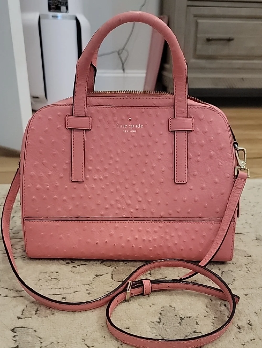 kate spade Ostrich-Embossed Pink Dome Satchel with Strap